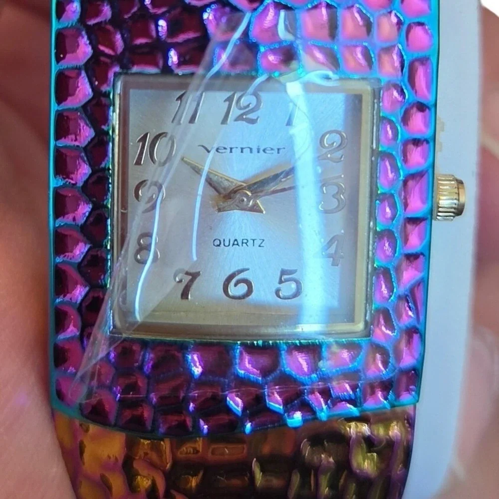 Vernier Cuff Bangle Watch Womens OS Iridescent New Oil Silk Textured Metallic